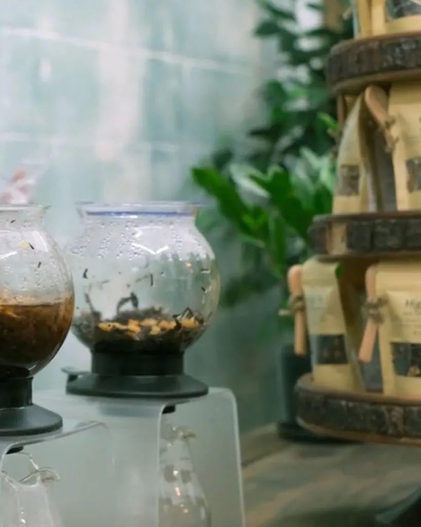 Close-up of glass tea infusers and kraft paper tea pouches on a tiered wooden stand at a vendor pop-up
